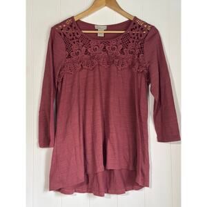 Status by Chenault Lace Yoke Tunic Top Mauve 3/4 Sleeve Size L